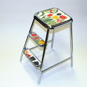 Swedish Step Stool with Flower decor and Chromed Steel by Awab 1950s