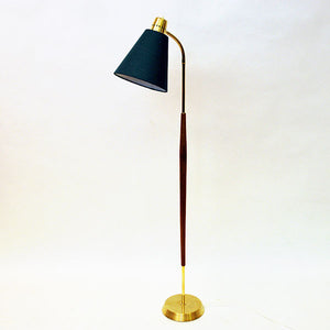 Vintage teak and brass floorlamp with green shade by Borèns, Borås -Sweden 1950s