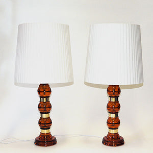 Scandinavian Amber colored glass and brass tablelamp pair from the 1960s