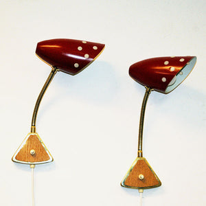 Red metal vintage pair of cone wall sconces by ÖBA- Sweden 1950s