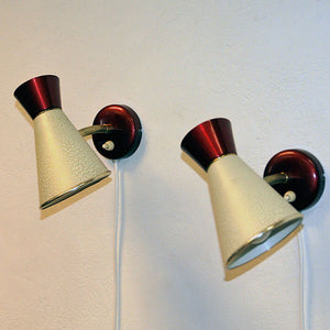 Swedish beige and red metal vintage pair of cone wall sconces by 1950s