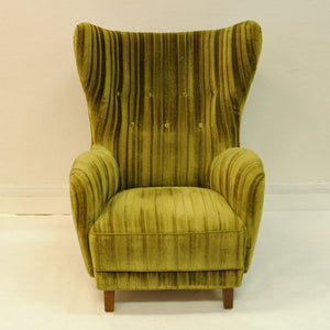 Green Velvet Wingback Easy chair 1930-1940`s, Denmark