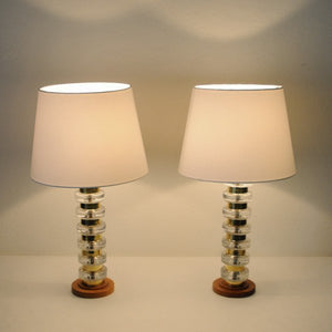 Pair of Glass and Brass tablelamps on a teak foot- Sweden