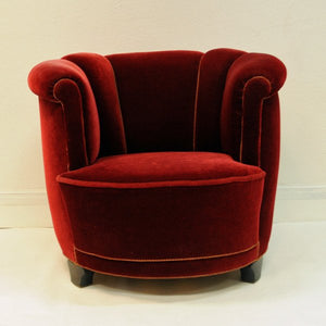 Red Round Velour chair 1930`s, Denmark