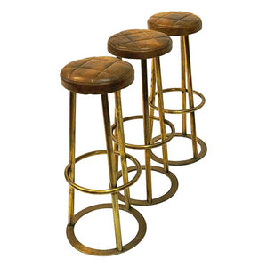 Vintage Brass and leather barstools set of three Scandinavian 1950s