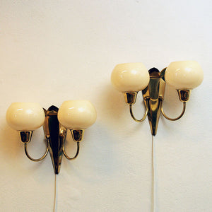 Vintage pair of Norwegian opaline glass wall lamps by Br Sæther 1940s