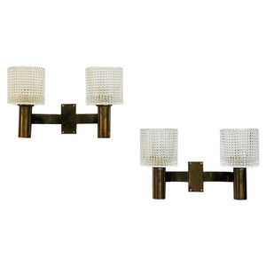 Brass wall lamp pair with crystal glass by Carl Fagerlund for Orrefors, Sweden 1960s