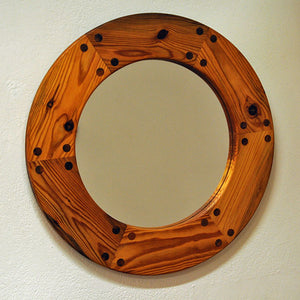 Luxus Round Wall pine mirror 65 cmD by Uno & Östen Kristiansson 1950`s Sweden