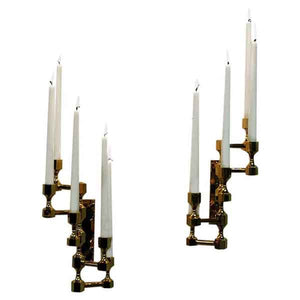 Swedish Brass five arm wall candelabrum pair by Lars Bergsten for Gusum 1990s