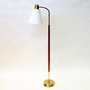 Vintage teak and brass floorlamp with white shade by Borèns, Borås -Sweden 1950s
