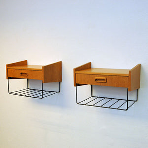 Vintage pair of teak wall night tables with a drawer - Sweden 1950s