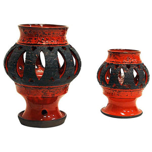 Rödglaserade keramikpar bordslampor av Nykirka Motala Keramik Sverige 1960-tal