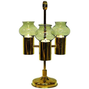 Norwegian Odel Brass Candleholder three arms with green glass shades 1960s