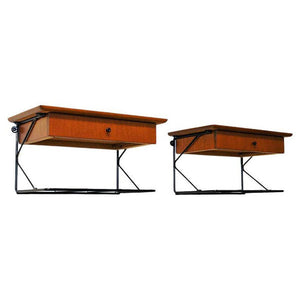 Vintage dark teak pair of wall night tables with drawers - Sweden 1950s