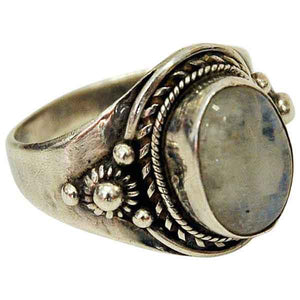 Silverring with pearlcolored stone and vintage decorations 1940s