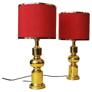 Classic pair of Swedish Brass table lamps with red shades by Aneta 1970s