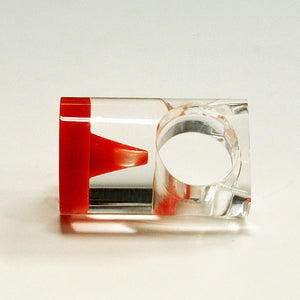 Acrylic vintage ring with round red plate by Siv Lagerström 1970`s, Sweden
