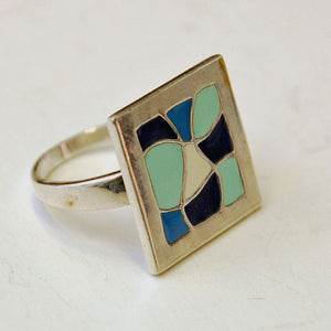Vintage midcentury silver ring with a big colored plate 1960s