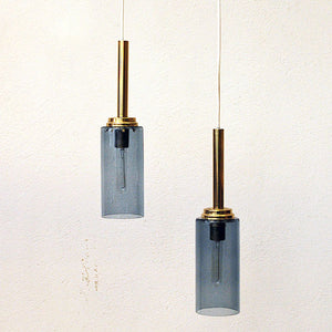 Scandinavian brass and smoked glass ceiling or window pendant pair 1960s