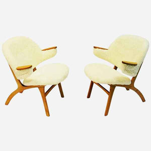Midcentury pair of Easy chairs in White Sheepskin - Sollide møbler Norway 1950s